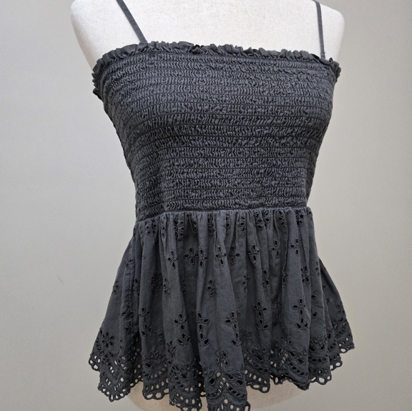 American Eagle Tank Top Shirt Lace Smocked Eyelet Babydoll Charcoal Women's XL - Picture 3 of 16